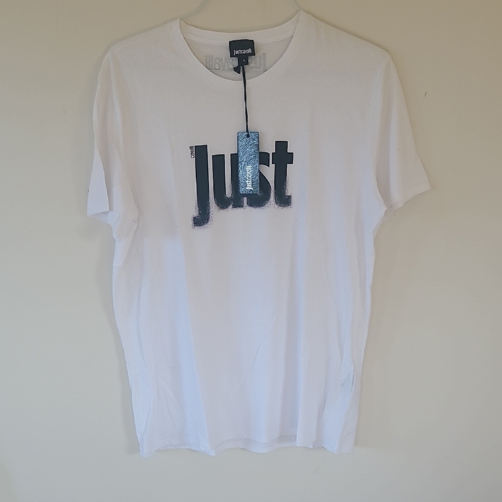Just Cavalli white T-Shirt with blue 'Just' graphic